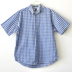 Tommy Hilfiger 100% Cotton Blue Plaid Button-Down Dress Shirt Short-Sleeve Large